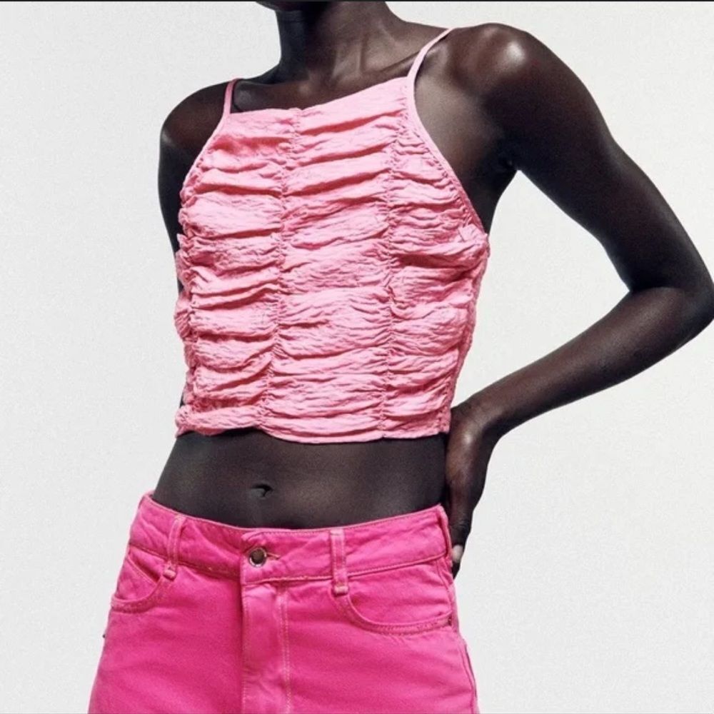 Zara Women's Barbie Pink Ruched Camisole Tank Top Size Medium‎ Cropped Fit Boho